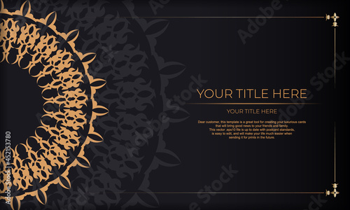 Template for design printable invitation card with vintage patterns. Black banner with luxurious monogram ornaments and place for your design.