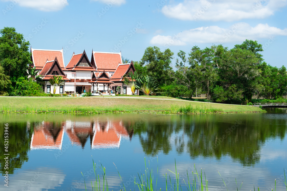 Landscape, beautiful glade, green glade, houses, beautiful lake, clear sky, trees