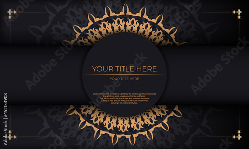 Template for print design invitation card with vintage ornament. Black background with luxury vintage ornaments monograms and place for your design.