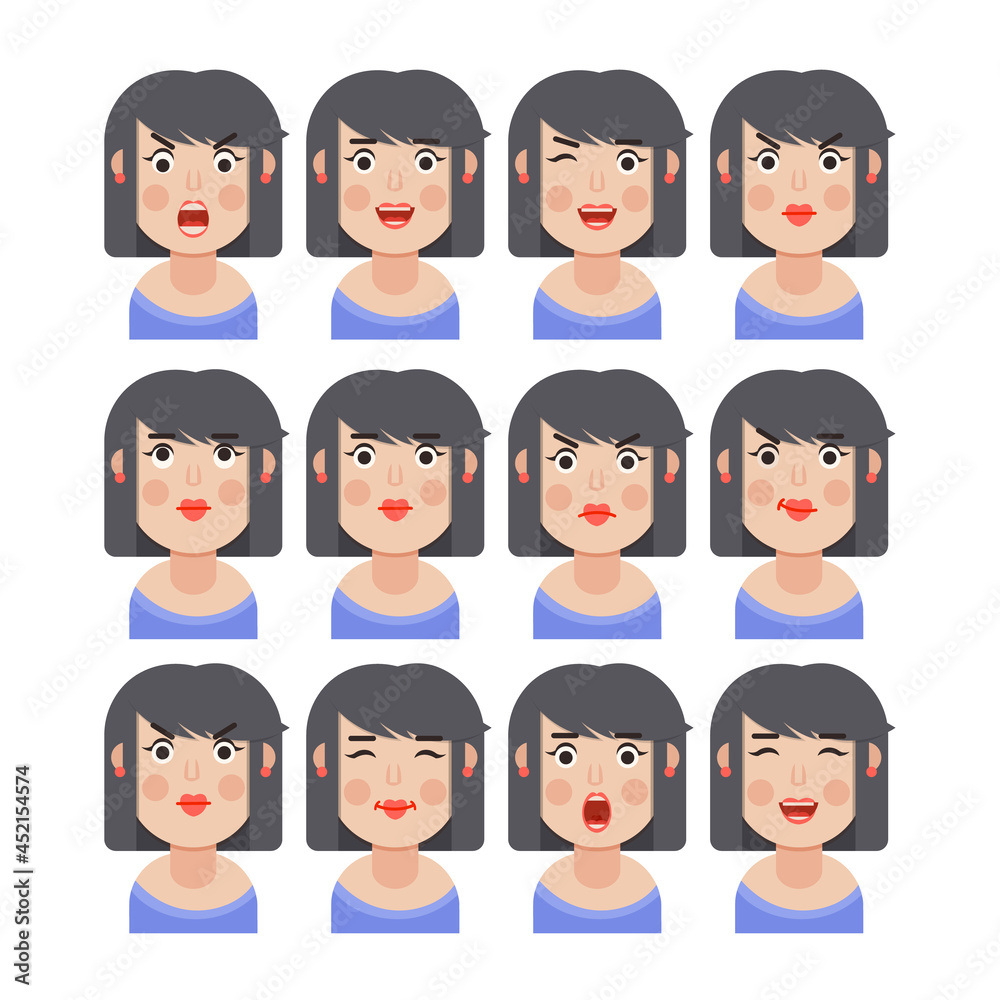 Set of woman's emotions. Facial expression. Girl Avatar, illustration in flat design Set of woman's emotions. Facial expression. Girl Avatar, illustration in flat design