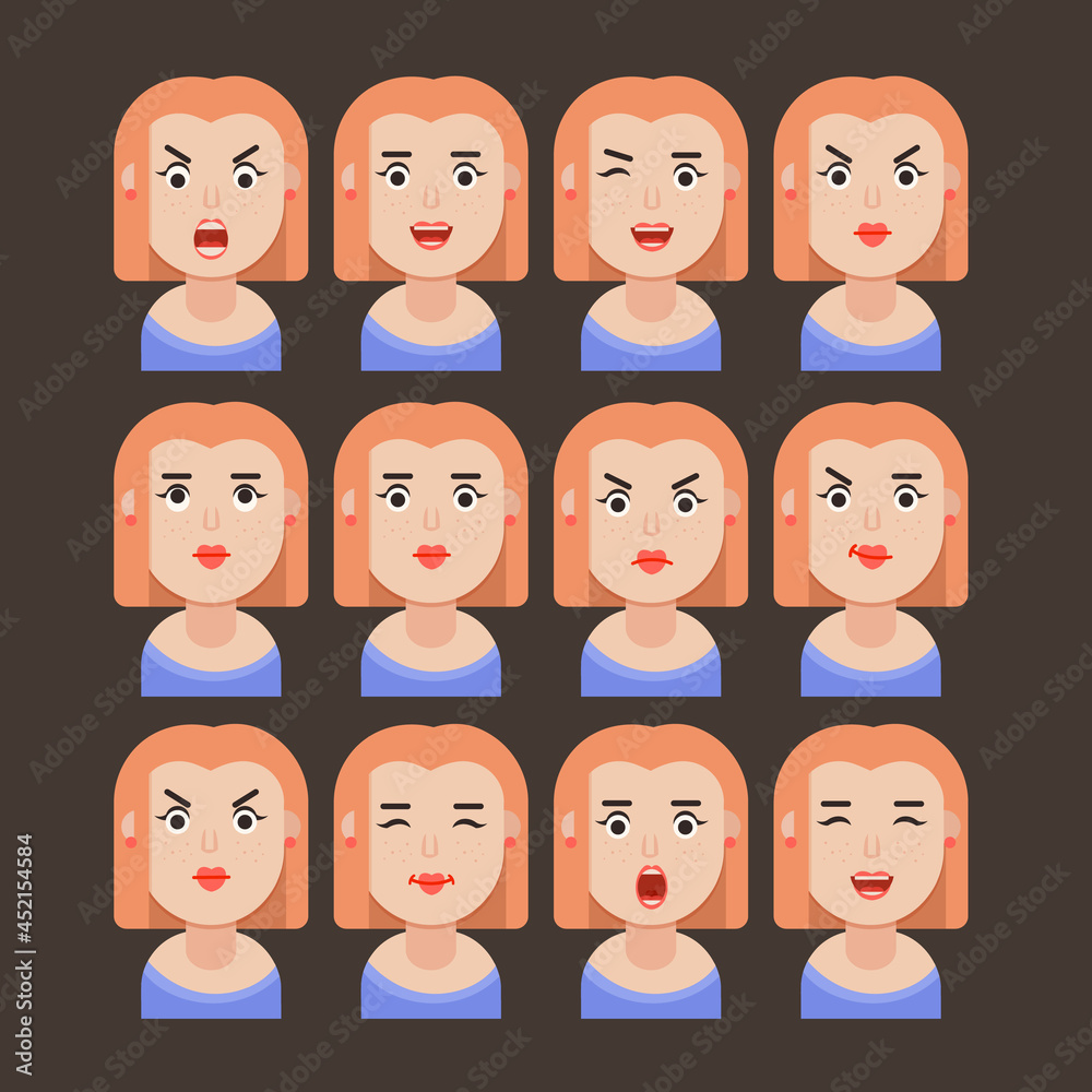 Set of woman's emotions. Facial expression. Girl Avatar, illustration in flat design Set of woman's emotions. Facial expression. Girl Avatar, illustration in flat design