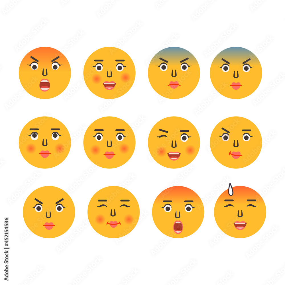 Set of cartoon emoticons. Emoji icons. Social media emoticon smile. Yellow faces expressing emotion
