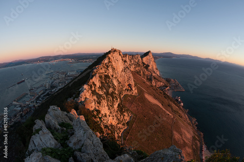 Rock of Gibraltar top of the cliff View with Mediterranean Sea fisheye drone