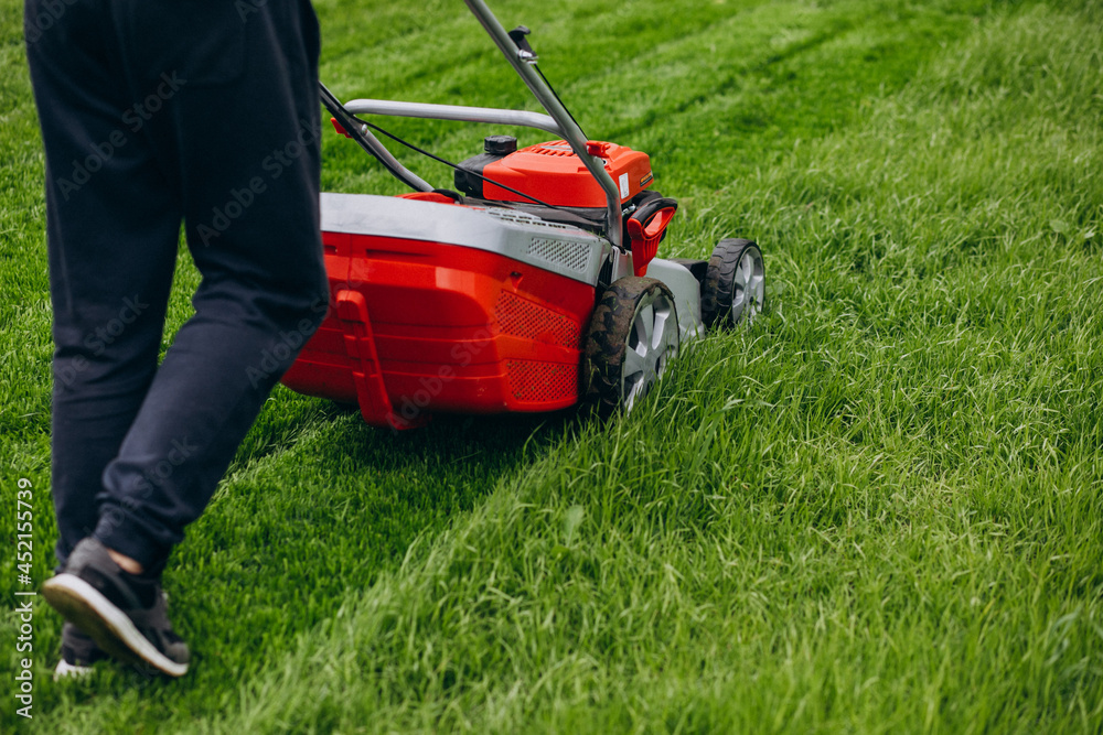 Fototapeta premium Man cutting grass with lawn mover in the back yard