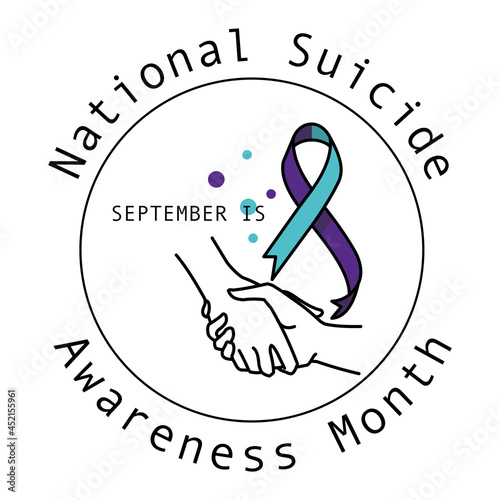 September is suicide prevention awareness month text with teal purple ribbon for suicide prevention or awareness. Flat style illustration. 
