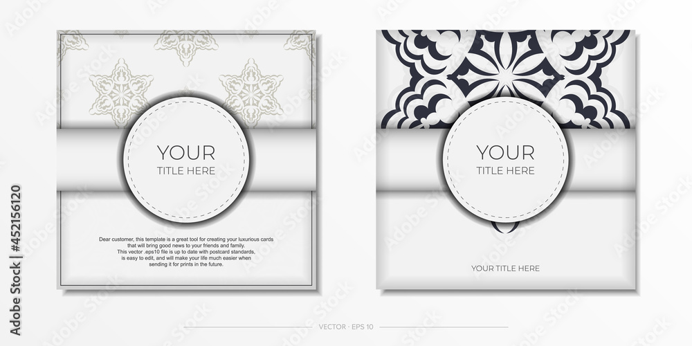 Vector invitation card with dewy patterns.Stylish ready-to-print design for greeting card in white with monograms