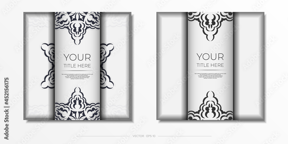 Vector Template of invitation card with dewy ornament. Stylish design postcard in white color with monograms Vector Template of invitation card with dewy ornament. Stylish design postcard in white color with monograms