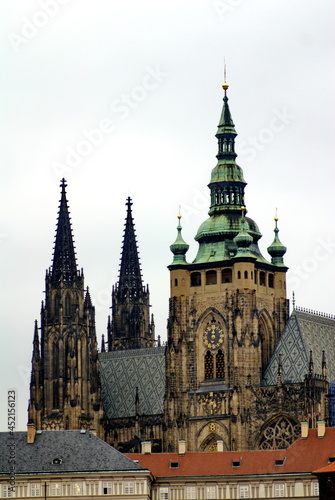 Clock tower with a spire at St. Vitus Cathedral in Prague Castle, Prague, Czech Republic