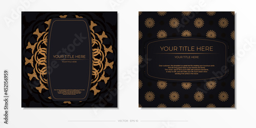 Stylish Template for print design postcards in black color with Greek ornaments. Preparing an invitation with dewy patterns.