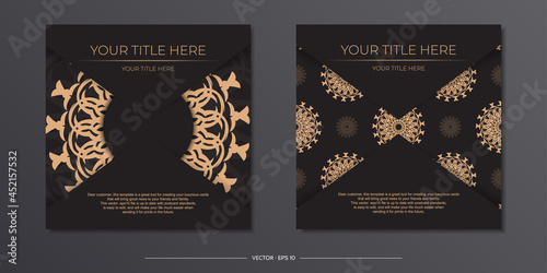 Stylish Ready-to-Print postcard design in black with Greek patterns. Invitation card template with dewy ornament.