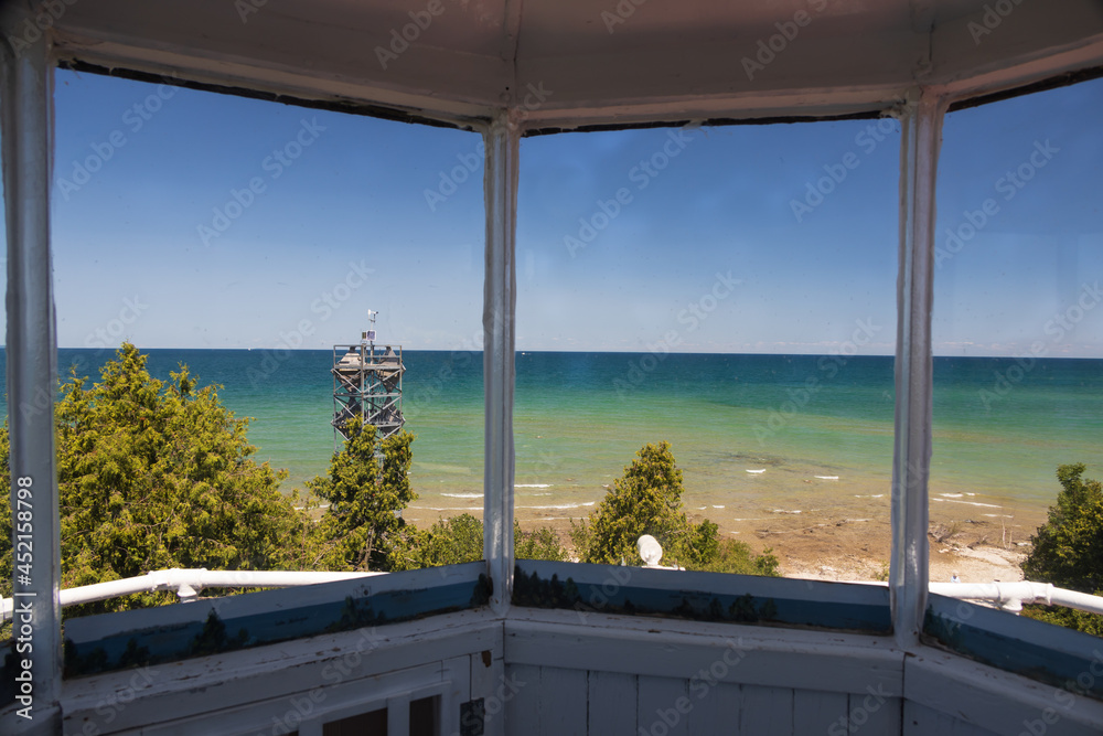 View of Lake Michigan from lighthouse lantern room View of Lake Michigan from lighthouse lantern room