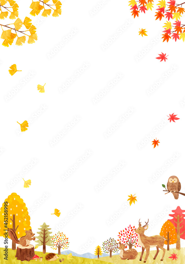 秋の森にいるかわいい動物達の背景素材 手描き水彩画イラスト 縦長 01 Stock Vector Adobe Stock