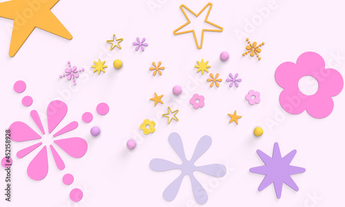 Pattern of flowers, stars, balls. Bright pastel colors. Minimal style. 3d rendering. Pink background.