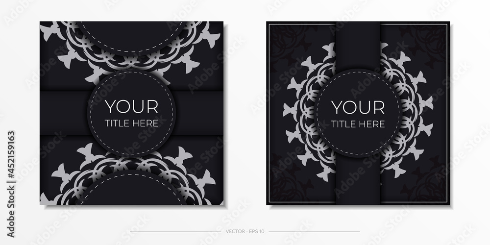Preparing an invitation with a dewy ornament. Stylish template for print design postcard in black color with greek