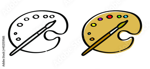 Cartoon painter's pallet or artist’s palette with paint brush. Flat vector sketch painter icon or pictogram. Water color ink symbol or watercolor colours painting.