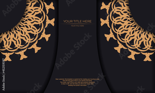 Invitation card design with vintage patterns. Black banner template with luxury greek ornaments and place for your design.