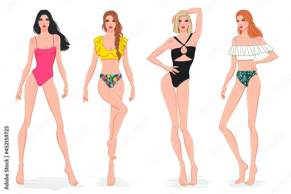 Vector fashion illustration of beautiful fashion models in stylish swimsuits on white background. Young attractive women in beach outfits. Vector fashion illustration of beautiful fashion models in stylish swimsuits on white background. Young attractive women in beach outfits.