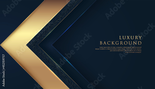 Abstract golden geometric triangle arrow shapes on dark navy blue background. Modern Luxurious bright golden lines with golden glitter decorate. Technology futuristic concept. Vector illustration