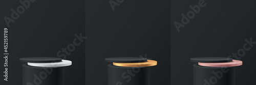 Set of 3D abstract studio room with pedestal podium. Black, Gold, Silver and Pink gold geometric platform collection. Luxury scene for demonstration of cosmetic products. Showcase, Promotion display.