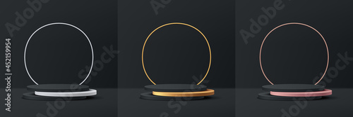 Set of 3D abstract studio room with pedestal podium. Black, Gold, Silver and Pink gold geometric platform with luxury rings. Scene for demonstration of  products. Black friday sale promotion display.