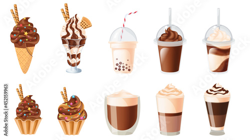 Realistic set of chocolate desserts and drinks Cupcake, milkshakes, ice cream hot chocolate, coffee. vector illustration