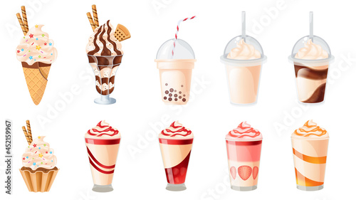 Realistic set of vanilla desserts and drinks Cupcake, milkshakes, ice cream hot chocolate, coffee. vector illustrations