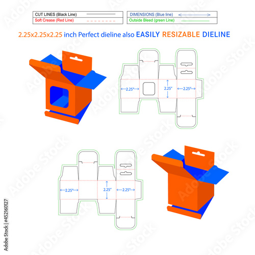Square snap lock mobile charger box, Hanging window box 2.25x2.25x2.25 inch box dieline packaging design and 3D box photo