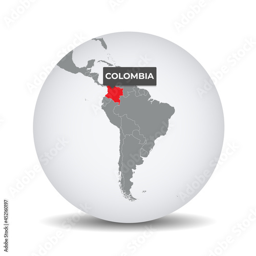 World globe map with the identication of Colombia. Map of Colombia. Colombia on grey political 3D globe. South america map. Vector stock.