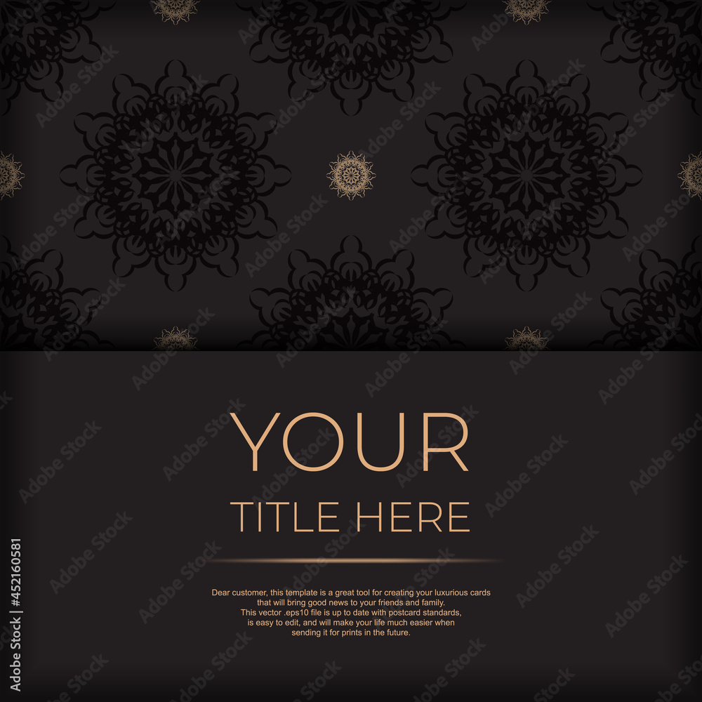 Stylish Ready-to-print postcard design in black with Greek patterns. Vector Invitation card template with vintage ornament.