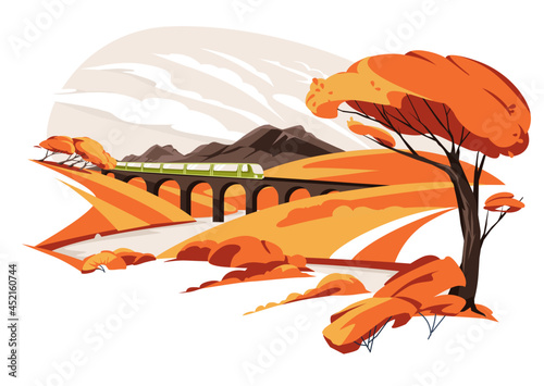 train viaduct among autumn yellow hills. Meadows with mountains. Orange train. Wild nature grass, countryside trees. Fall flat colorful landscape