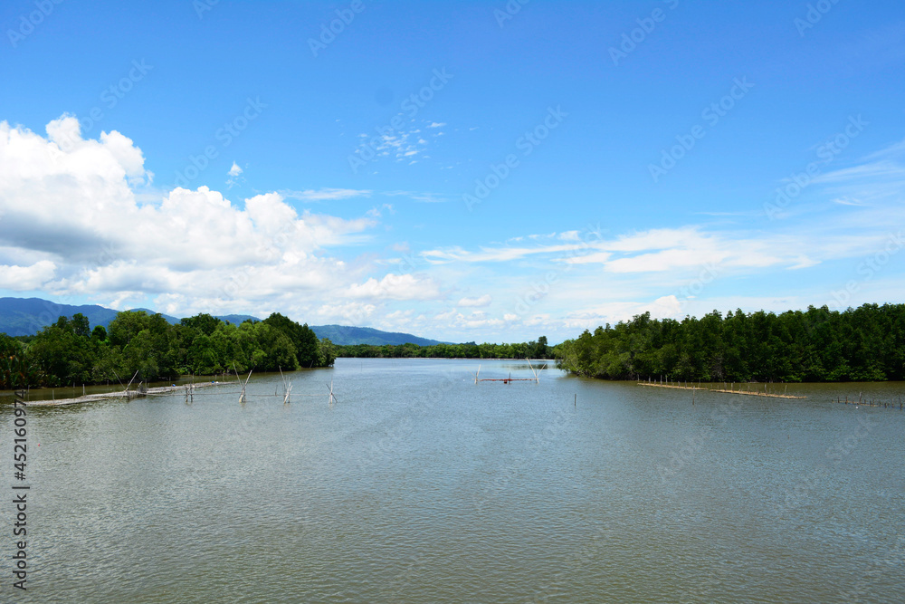 Fantastic evening panorama of nature has mountain and lake, river, forest and sky has tree in outdoor. background landscape and scenery of nature of summer season or spring Fantastic evening panorama of nature has mountain and lake, river, forest and sky has tree in outdoor. background landscape and scenery of nature of summer season or spring