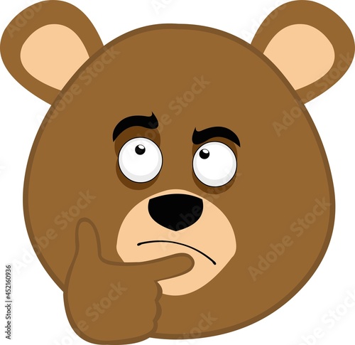 Vector emoticon illustration of the face of a cartoon brown bear with a thinking expression