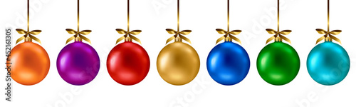 Color rainbow balls set isolated on white background. Vector illustration. Merry Christmas and Happy New Year 2022 sphere decorations hanging with gold ribbon bow. Holiday Xmas toy bauble fir tree