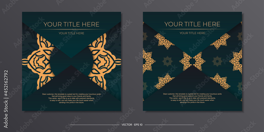 Stylish Ready-to-print green color postcard design with vintage ornament. Invitation card template with dewy patterns.