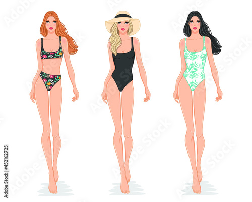 Vector fashion illustration of beautiful fashion models in stylish swimsuits on white background. Young attractive women in beach outfits. Bikini girls.