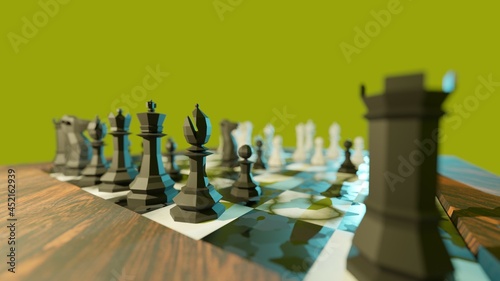 Chessboard with pieces on a Wooden Frame Close up