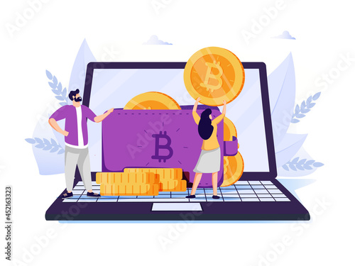 Woman putting golden crypto coin into purse on laptop computer. Concept of personal Bitcoin wallet for cryptocurrency.