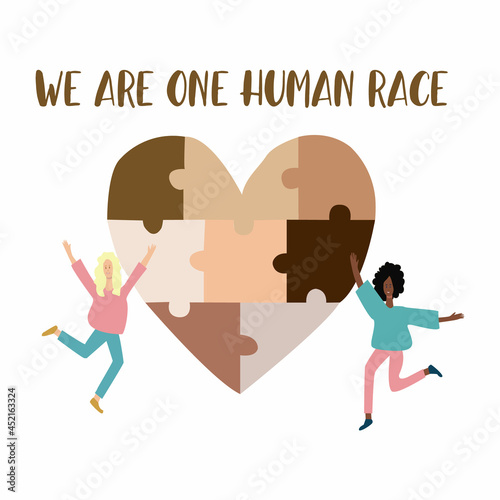  We are one human race. Equal rights for all. Different skin colors puzzles making a heart. No racism concept. Black lives matter. Flat style social card, poster, banner with text. Supporting Vector
