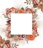 Autumn themed Watercolor frame background flower, leaves, and mushroom with white space