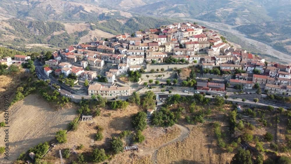 Aerial View of the Town of Castroregio in the South of Italy. Italian Rural Landscape at morning in a sunny day