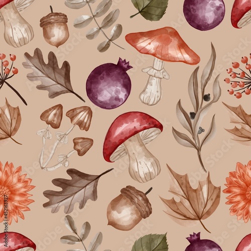autumn themed seamless pattern flower, leaves, and mushroom