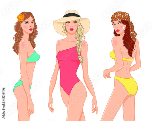 Vector fashion illustration of beautiful fashion models in stylish swimsuits on white background. Three young attractive women in beach outfits.
