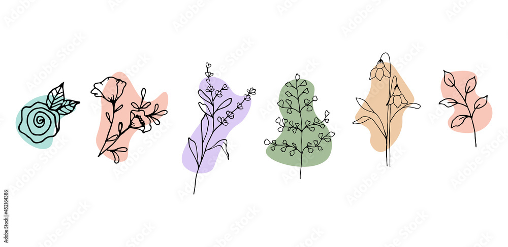 Obraz premium Hand drawn flowers and leaves in modern style, organic shapes. Doodle flowers and leaves. Vector illustration for card design phone wallpapaer and other.