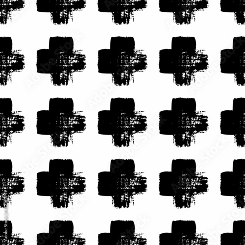Vector Plaid Brush Seamless Pattern Grange Minimalist Check Geometric Design in Black Color. Modern Grung Collage Background for kids fabric and textile