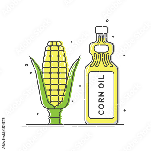 Corn oil bottle and a whole ear of corn. Plastic container with a label with the inscription. Great colorfull design. Healthy organic vegan food. Isolated white background. Vegetarian food.