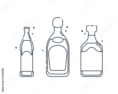 Bottle tequila and rum beer line art in flat style. Restaurant alcoholic illustration for celebration design. Design contour element. Beverage outline icon. Isolated on white backdrop in graphic style