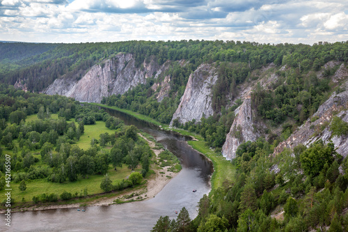 View of the Belaya river valley. Bashkiria National Park, Bashkortostan, Russia. Rocky coast, forest.