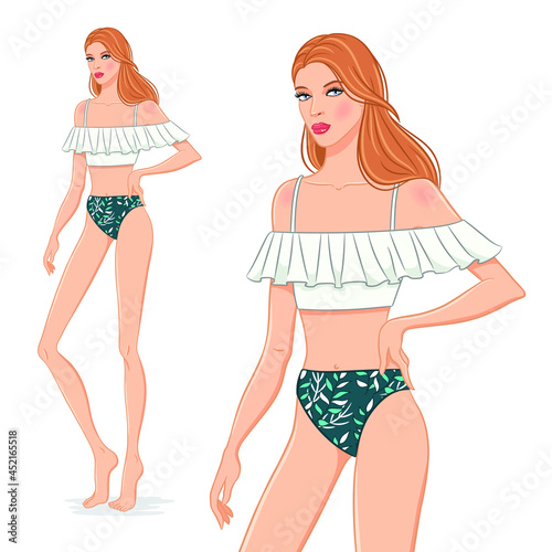 Vector illustration of a beautiful fashion model posing in a stylish floral swimsuit. Young attractive woman in bikini, isolated on white background. Pretty girl on a beach.