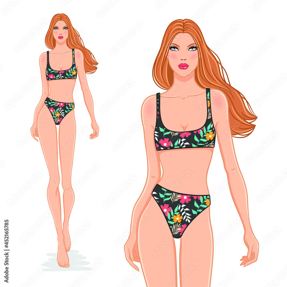 Vector illustration of a beautiful fashion model posing in a stylish floral swimsuit. Young attractive woman in bikini, isolated on white background. Pretty girl on a beach. Vector illustration of a beautiful fashion model posing in a stylish floral swimsuit. Young attractive woman in bikini, isolated on white background. Pretty girl on a beach.