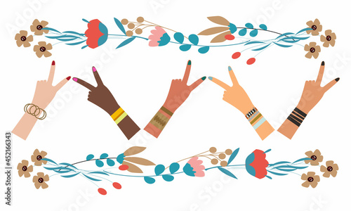 Female hands of different ethnic group showing a peace sign and flowers. Vector illustration of an equal sign of all ethnic groups and peace, love and harmony